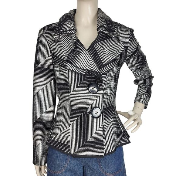 Joseph Ribkoff Chevron Print Black & Silver Tiered High Collar Peplum Jacket - Picture 1 of 14